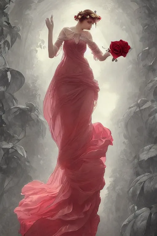Prompt: classically !!beautiful!! woman dressed in a vaporous wrapped large victorian pale red roses silk semi-transparent dress fashion is running, fantasy, intricate, elegant, highly detailed, digital painting, trending on artstation, concept art, matte, sharp focus, illustration, art by Artgerm and Greg Rutkowski and Alphonse Mucha, instagram model