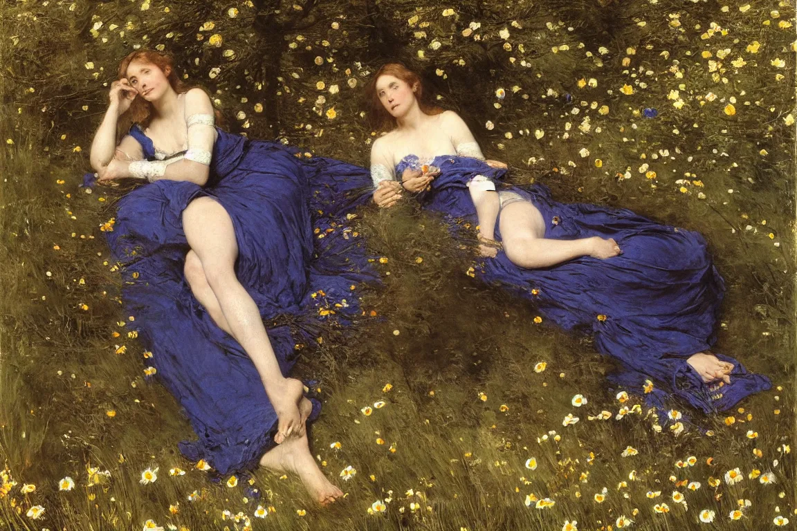 Prompt: John Everett Millais. Close up Shot illustrious pale rich beautiful Woman horizontal flat in a very blue dark shallow stream with open mouth picking flowers. Stream flowing from left to right. She is in the lower third of the picture. Golden brown dress with vibrant details, light dark very long hair. Poppies, daisies, pansies. Fine brush strokes. Tall Trees, Woods.