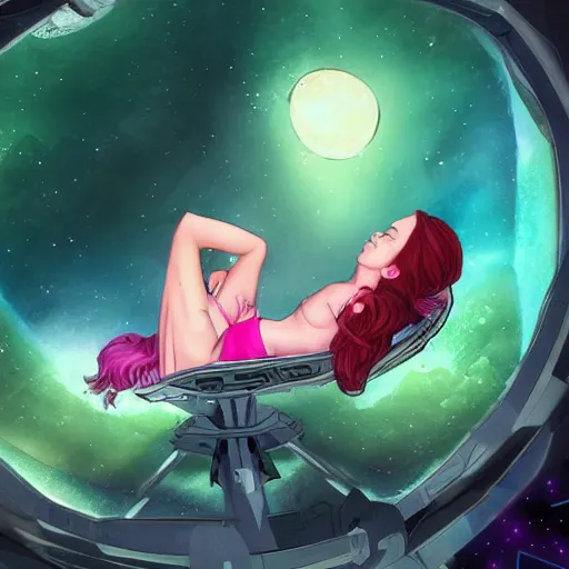 Image similar to fae valentine lying down ontop of her spaceship taking a nap