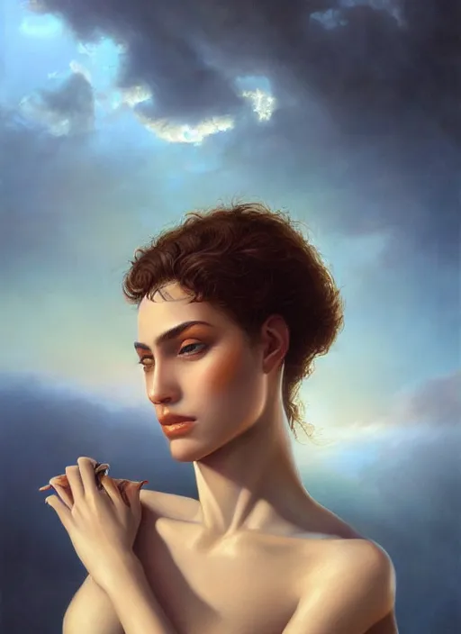 Image similar to portrait of the most beautiful 20-year-old Greece woman by boris Vallejo and Tom Bagshaw, close up, detailed, Sony a7R