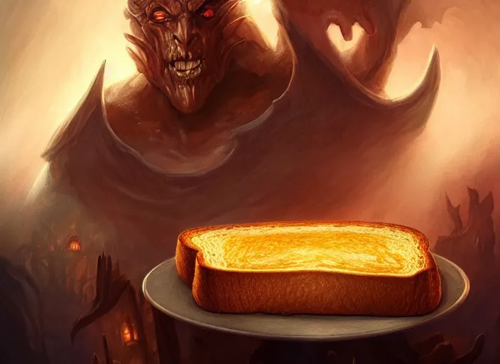 Image similar to a giant magical piece of toast at the head of the dinner table, all the dinner guests looking toward the toast, by marco bucci and frank frazetta, magic : the gathering fantasy concept art, high resolution, fantasy coloring, intricate, digital painting, artstation, smooth, sharp focus