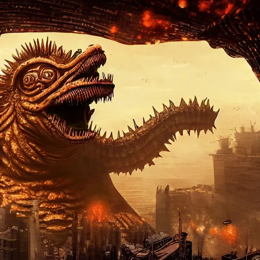 Prompt: Portrait of an angry steampunk Godzilla. 4K. Concept art. Unreal engine. Highly detailed.