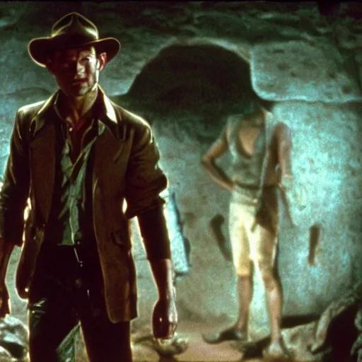 Image similar to film still of Joseph Gordon Levitt as Indiana Jones, walking through an Egyptian tomb in temple of doom film, 4k