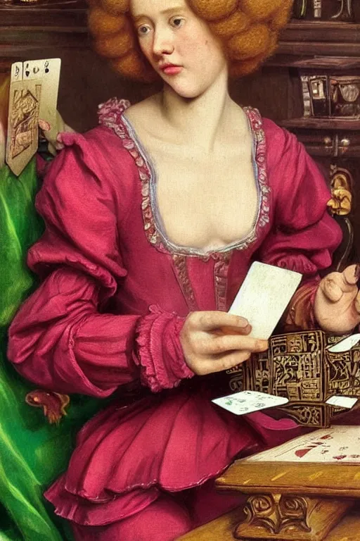 Prompt: intricate beautiful medium - shot, the card player man, blonde reddish hair, in green and pink clothes of 1 7 th century, holds playing cards, in card's player by sezanne, matte painting, renaissance painting, by paul sezanne by leyendecker, by artgerm, rutkowskyi