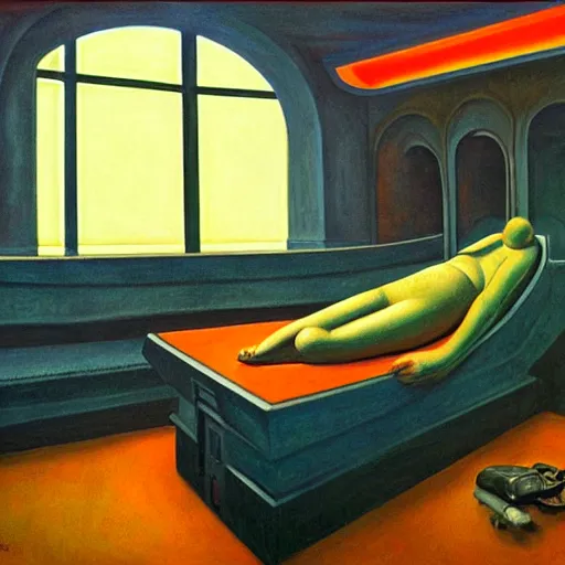 Image similar to sci - fi sarcophagus, statis chamber, sleeping crew, dystopian, pj crook, edward hopper, oil on canvas