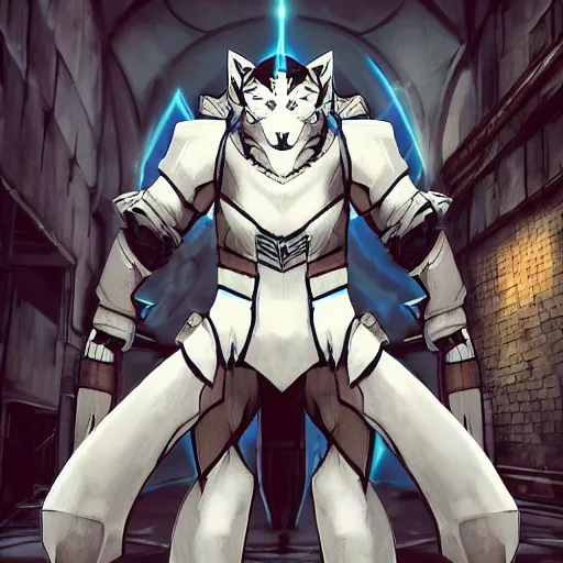 Prompt: /imagine prompt: white building barrack siberian anthro husky warrior with crusade armor and blue torus cyberpunk, cinematic light, cinematic epic ,octane 4k, 8k, detailed, ultra realistic, anime., centered