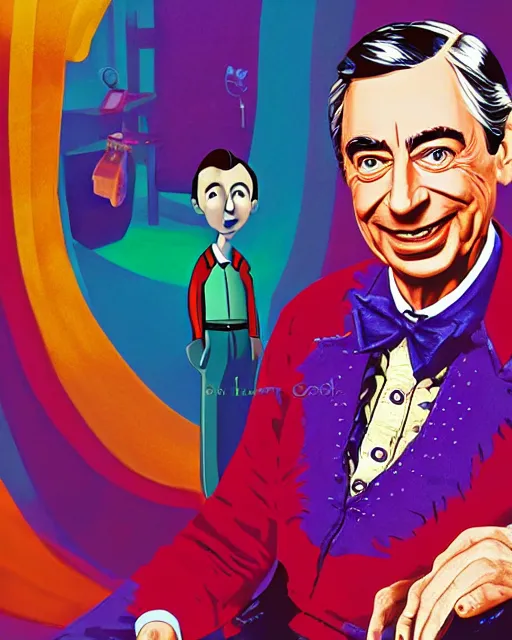 Image similar to Fred Rogers as Willy Wonka, digital illustration portrait design, detailed, gorgeous lighting, dynamic portrait