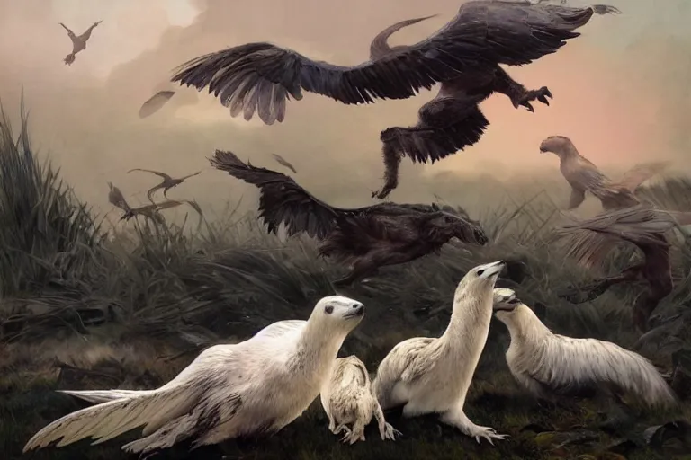 Image similar to a pack of feathered velociraptors hunting a baby harp seal at dawn, ominous intent, water color, art by artgerm and greg rutkowski and alphonse mucha and jin xiaodi and anthony devine