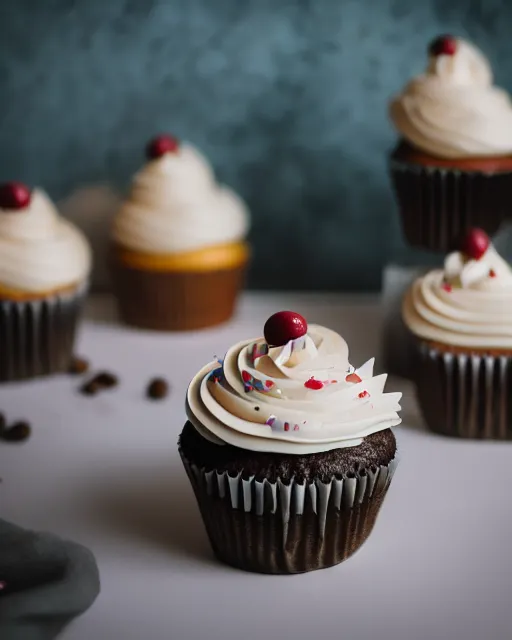 Prompt: high quality presentation photo of cupcakes, photography 4k, f1.8 anamorphic, bokeh, 4k, Canon, Nikon