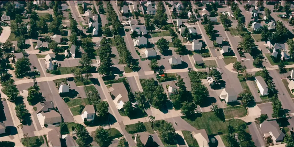 Image similar to suburbs, film still from the truman show, crane shot from above