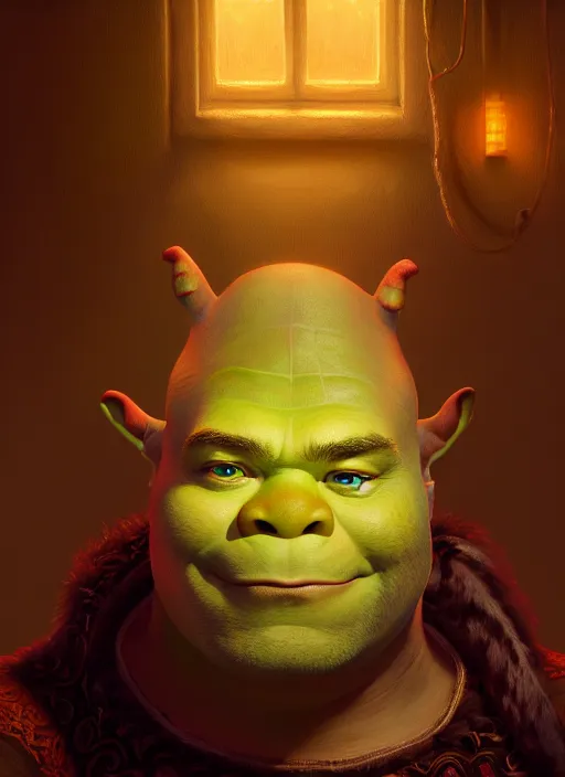 Image similar to portrait of shrek, intricate, elegant, glowing lights, highly detailed, digital painting, artstation, concept art, sharp focus, illustration, art by wlop, mars ravelo and greg rutkowski