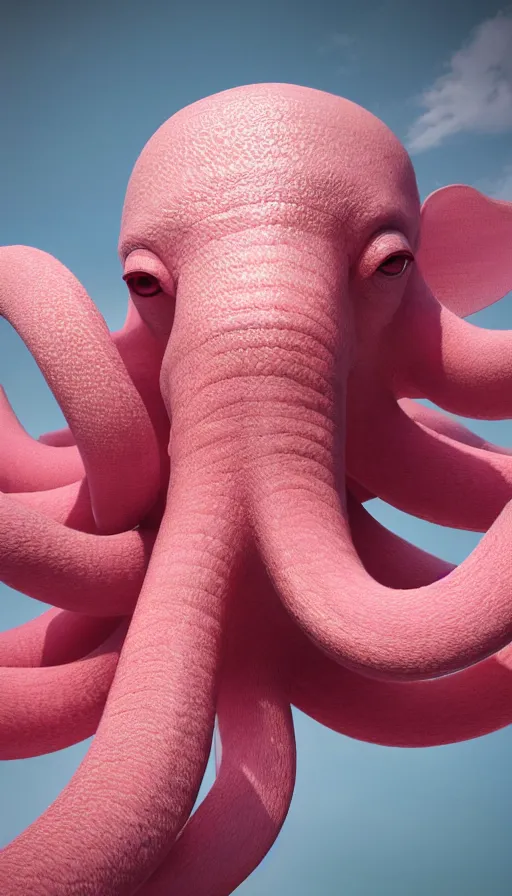 Prompt: A octopus centered-photograph of a pink elephant, film still, dynamic action pose, National Geographic, insane detail, intricate, highly detailed, Zeiss Lens, DSLR photography, smooth, sharp focus, Unreal Engine 5, Octane Render, Redshift, 8K