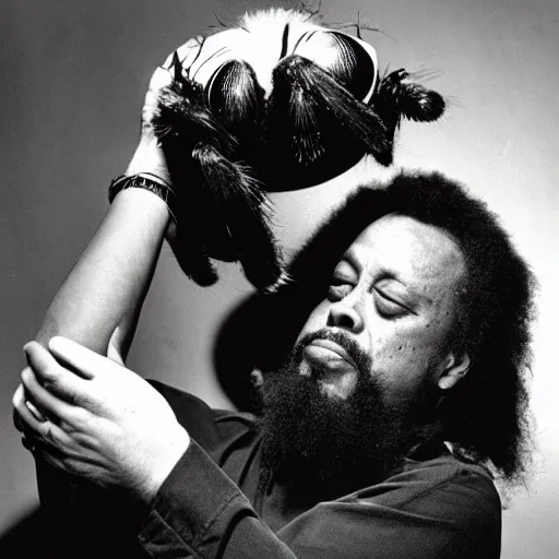 Image similar to charles mingus cradling a big hairy spider, professional photograph