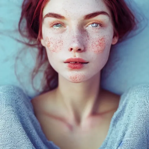 Image similar to portrait of a cute thin young woman, red blush, cute freckles, small smile, modern clothes, relaxing on the beach, cozy living room, close up shot, 8 k, art by irakli nadar, hyperrealism, hyperdetailed, ultra realistic