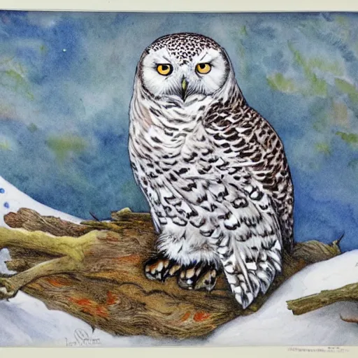 Image similar to snowy owl leopard gryphon, Louis William Wain watercolor,