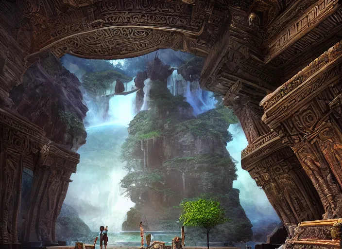 Prompt: An amazing interior of the temple of the gods of nature, intricate details, vast open interior, amazing and tall waterfalls, dramatic lighting, digital art, trending on Artstation, dark, hyper-realistic, detailed