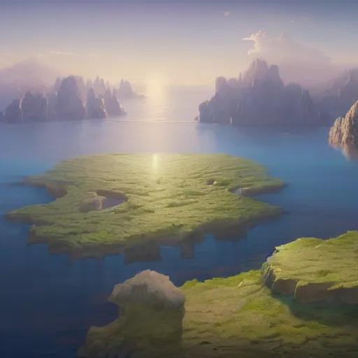 Prompt: A beautiful hyper realistic detailled matte painting of floating islands in the sky, aerial view, view from above, sea far away below, at dawn, by John Howe and Greg Rutkowski and Albert Bierstadt and Alena, unreal engine, trending on artstation, barometric projection, rectilinear, f8