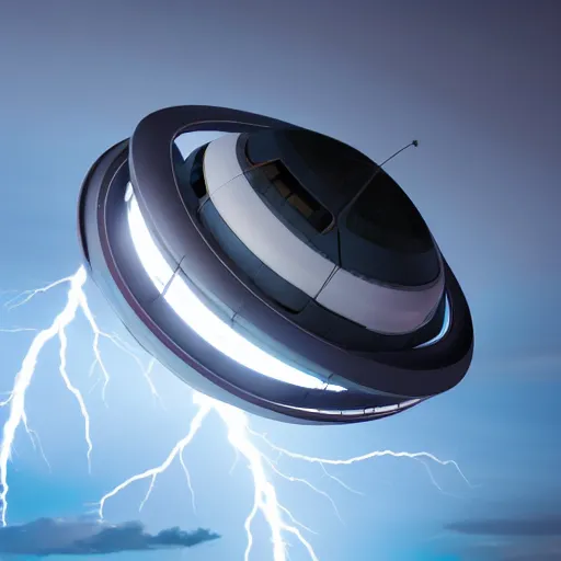 Image similar to futuristic flying car emerging in the sky from a circular portal made of lightning, thunderstorm at night, 8k 28mm cinematic photo