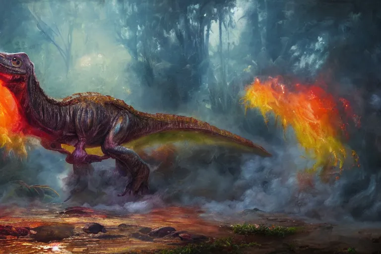 Image similar to highly detailed oil painting of a! tyrannosaurus ( ( mushroom ) ) in a steaming colorful hotspring, featured on artstation