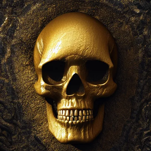 Image similar to a skull made of solid gold sits on an abandoned gravestone, beautiful detailed intricate insanely detailed octane render, 8k artistic photography, photorealistic, chiaroscuro