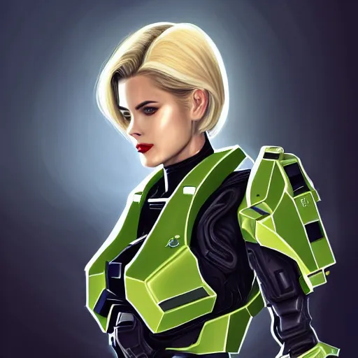 Image similar to A combination of Ada Wong's and Grace Kelly's and Ashley Greene's appearances with blonde hair wearing Master Chief's armor from Halo, high tech, action shot, angular, full body portrait, futuristic, dramatic, fantasy, intricate, elegant, highly detailed, digital painting, artstation, concept art, matte, sharp focus, illustration, 8K, art by Donato Giancola and James Gurney