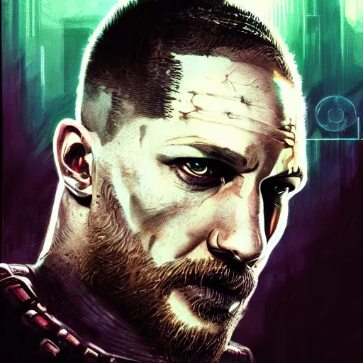 Image similar to tom hardy, cyborg, hacker, cyberpunk, neuromancer, wintermute, system shock 2, ghost in the shell, painted by seb mckinnon, high detail, dramatic light, digital art, painted by greg rutkowski, promotional movie posterart, trending on artstation