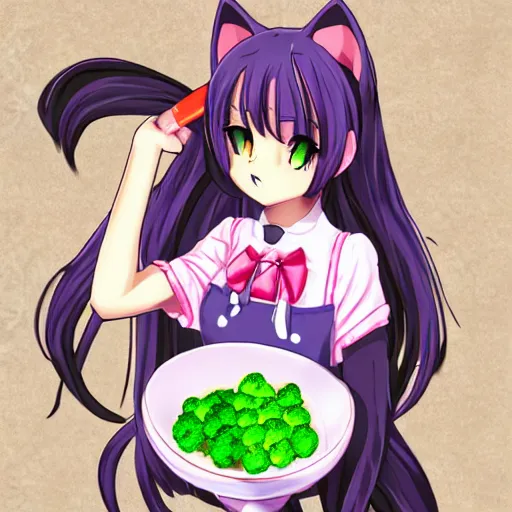 Image similar to an anime catgirl refusing to eat her broccoli, by kawacy