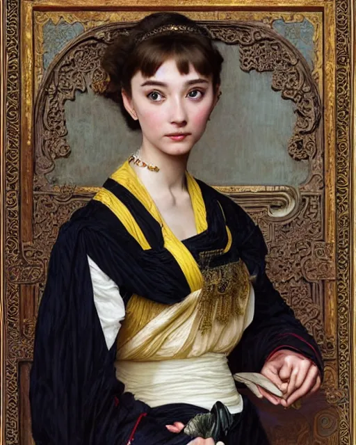 Image similar to a girl who resembles a 16-year old Audrey Hepburn and Scarlett Johansson, dressed in ornate, detailed, intricate Chinese imperial robes, detailed oil painting by William Adolphe Bouguereau and Donato Giancola