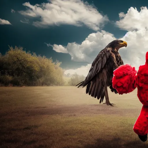 Prompt: cinematic photo of a giant eagle carrying away a person in a mascot costume, camera is looking up at the subject in the sky with fancy clouds behind