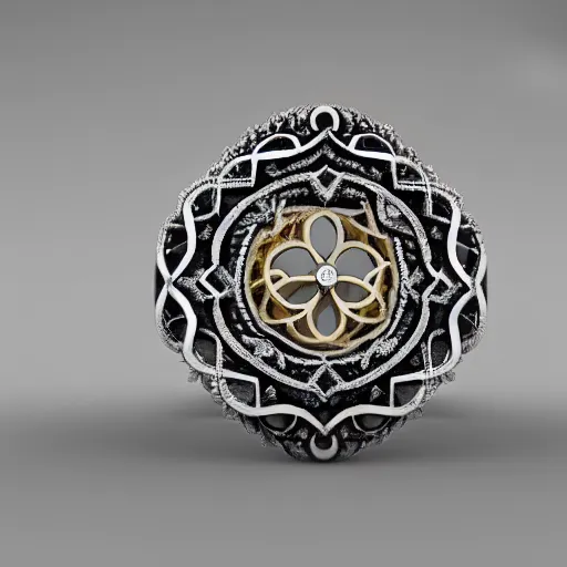 Image similar to intricate!! nordic ring and necklace and ear, silver and gold and diamond, isolated on a white background and a flower in the background, refraction, occlusion, filigree, lower and upper levels, keyshot render, octane render, vray render