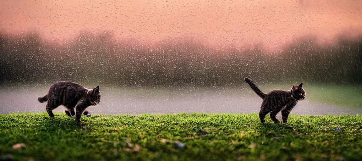 Prompt: a singular cat walking through some rain puddles on the grass and some little rocks at sunset, cute, godrays, complementary colors, calm, relaxing, beautiful landscape, highly detailed, high quality, 4k HDR, natural lighting, close view, path tracing, orange palette, anatomically correct, hyperrealistic, low contrast