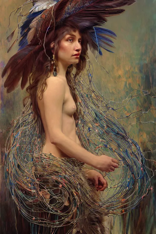 Image similar to hyperrealist portrait of a human with eagle head, it is decorated with long wires and feathers that fall like vines with lots of computer monitors in the background. by jeremy mann and alphonse mucha, fantasy art, photo realistic, dynamic lighting, artstation, poster, volumetric lighting, very detailed faces, 8 k, award winning