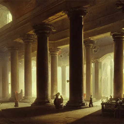 Image similar to painting of a scifi ancient civilzation victorian empty room with pillars, andreas achenbach