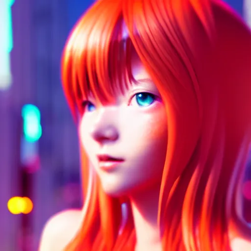 Image similar to asuka langley in a neon city, octane render 8 k, photorealistic render, atmospheric render, beautiful face, cute, realistic skin, redshift render, realistic reflections