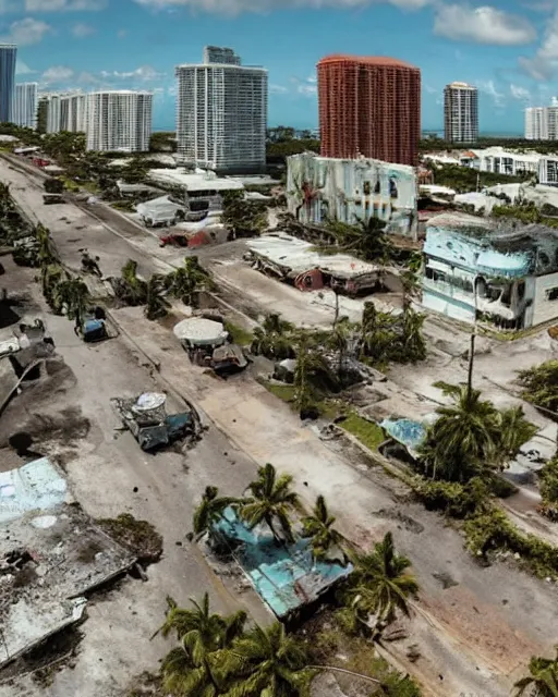 Image similar to wide angle shot of dilapidated fallout 5 miami, tropical coastal city in real life, desolate, dilapidated, empty streets, some rusted retro futuristic vintage styled parked vehicles like cars, buses, trucks, trams, sunny weather, few clouds, volumetric lighting, photorealistic, daytime, spring, sharp focus, ultra detailed,