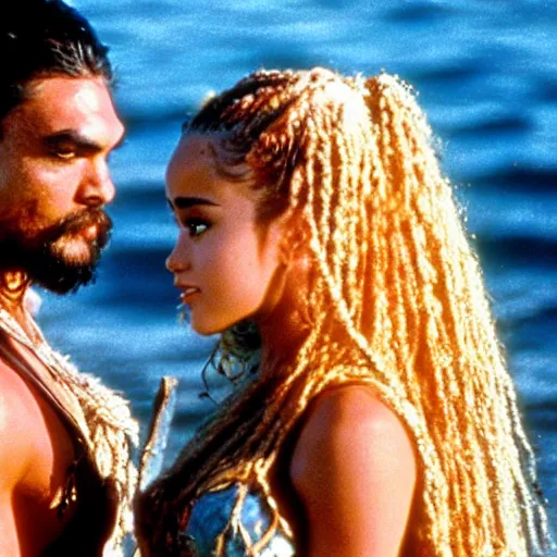 Prompt: A still of Jason Momoa and Ariana Grande in Waterworld (1995)