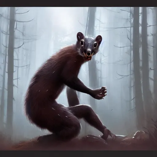 Image similar to anthropomorphic humanoid crouching pine marten monster in a dark moonlit forest, horror, highly detailed, crouching humanoid, human-like, whole body, by Greg Rutkowski, trending on artstation, 4k