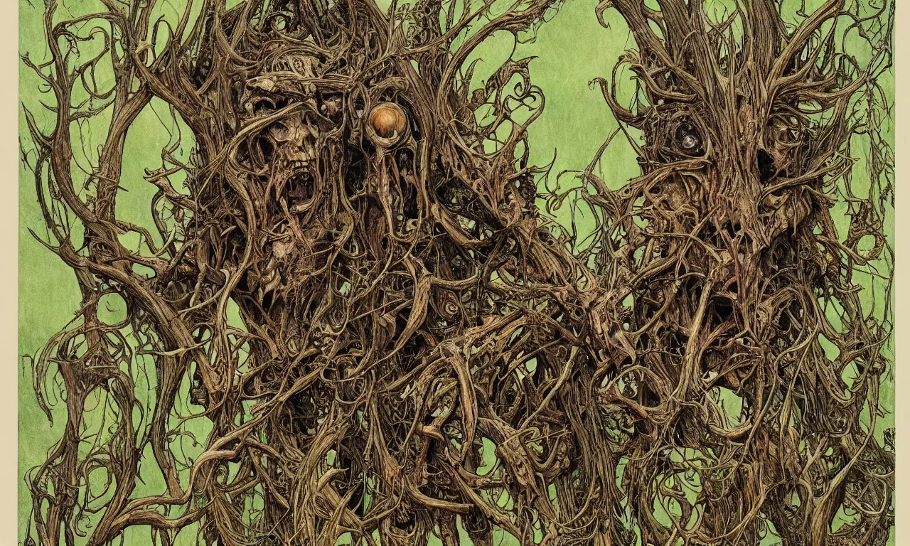 Image similar to hyperdetailed art nouveau portrait of treebeard and swamp thing as a cthulhu eyeball moose skull wendigo swamp thing creatures, by michael kaluta, pushead and bill sienkiewicz, photorealism, claws, skeleton, antlers, fangs, forest, wild, bizarre, scary, lynn varley, lovern kindzierski, steve oliff