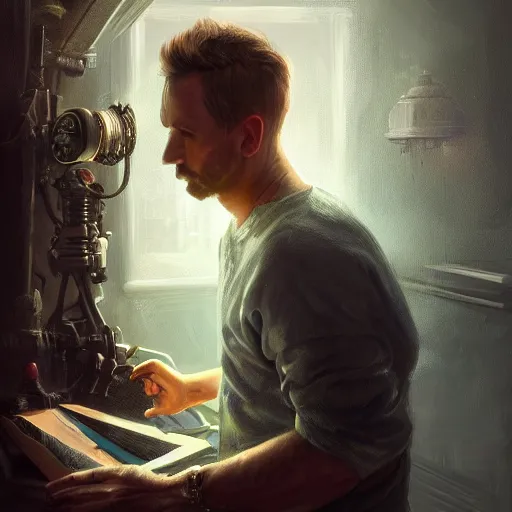 Image similar to portait of man with manual pipidastr, atmosphere, glow, detailed, intricate, full of colour, cinematic lighting, trending on artstation, hyperrealistic, focused, extreme details, cinematic, reg rutkowski, fantasy art, highly detailed, digital painting, smooth, concept art, sharp focus, illustration