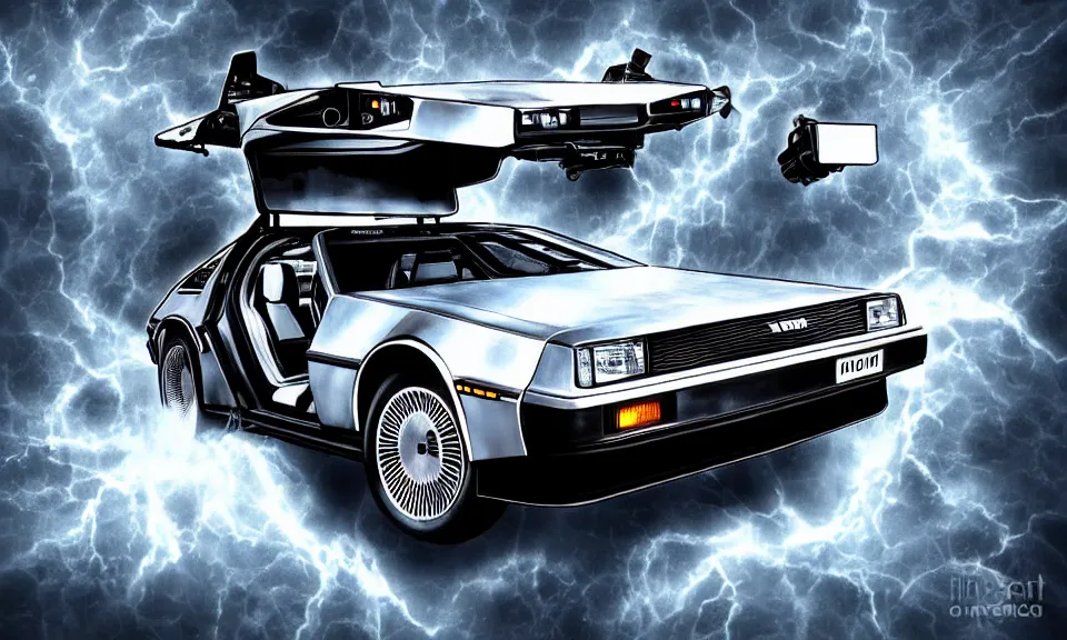 Prompt: a delorean travelling through time, digital art