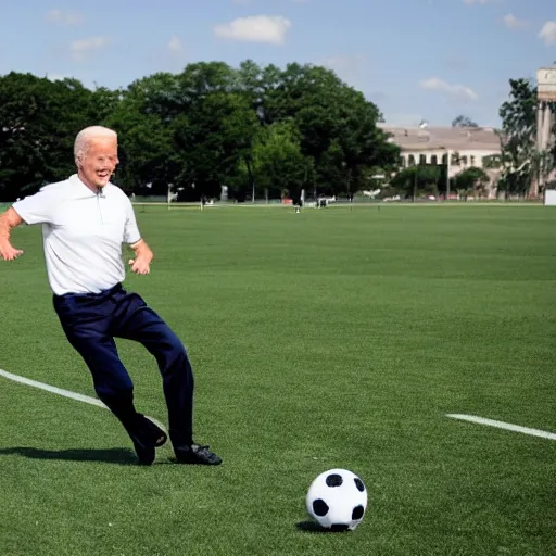 Image similar to Joe Biden playing soccer, doing a step over, breaking ankles, his opponents falling over