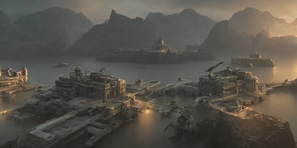 Image similar to screenshot from a movie, epic matte painting of a science fiction outpost on an island, cinematic cinematography masterpiece, greg rutkowski, and ivan aivazovski, roger deakins