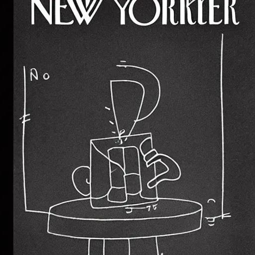 Prompt: new yorker cover showing a physicist drawing mathematical figures on a chalk board while drinking a coffee cup