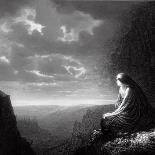 Image similar to A lonely woman, distant city, forest, cliff, gorgeous view, dramatic light, high contrast, illustration by Gustave Doré