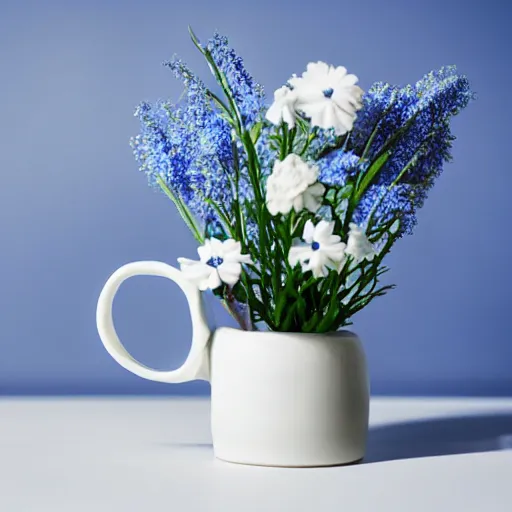 Prompt: clay mug on a white surface surrounded by a plethora of blue and white flowers, bright white realistic, up close shot, white background, zen, light, modern minimalist f 2 0