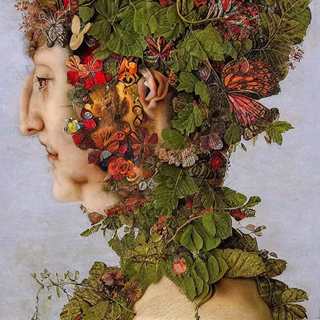 Image similar to a beautiful profile portrait of a beautiful female, leaves, by giuseppe arcimboldo,, psychedelic, surreal, dreamlike, environmental friendly, nature.