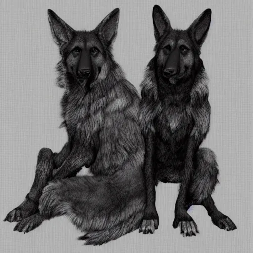 Image similar to two humanoid german shepherds beast - men, sitting on a couch and hugging together, artstation, concept art, smooth, sharp foccus ilustration, artstation