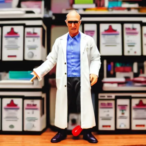 Image similar to albert hofmann wearing a lab coat in his laboratory, stop motion vinyl action figure, plastic, toy, butcher billy style