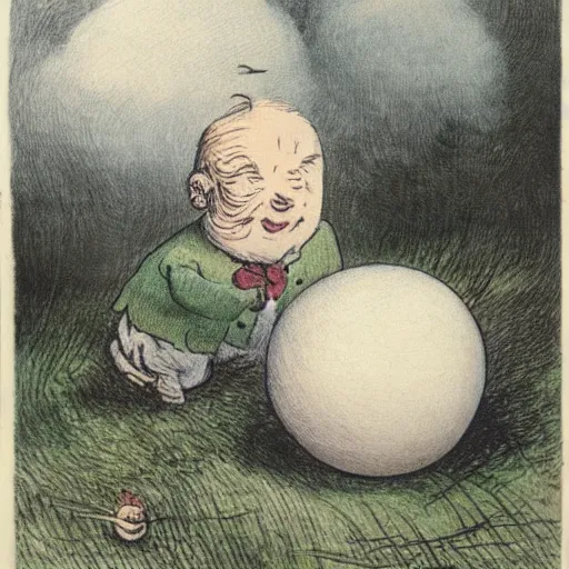 Prompt: candid portrait of floating white ball with face smiling eyes closed, surrounded by clouds, illustrated by peggy fortnum and beatrix potter and sir john tenniel