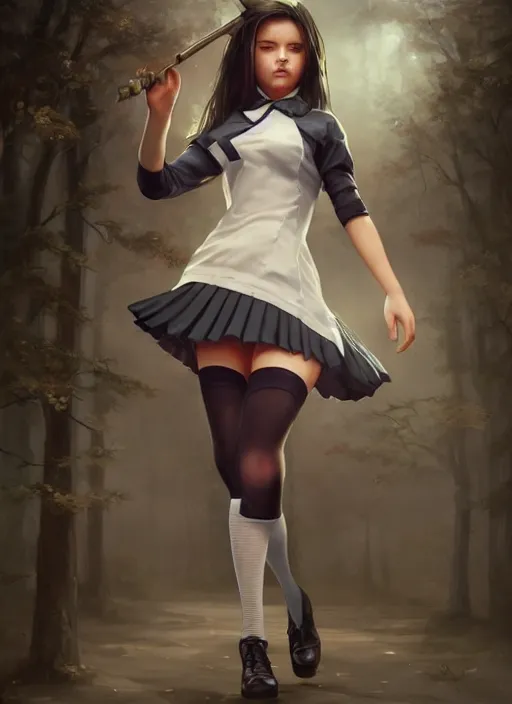 Image similar to a beautiful woman with school uniform, seifuku, pleated miniskirt, overknee socks, adriana lima, painted by artgerm and tom bagshaw, fantasy art, dramatic lighting, highly detailed oil painting, volumetric lighting